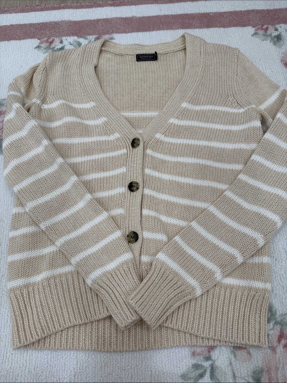 Vineyard Vines Beige and White Striped V-Neck Button Cardigan